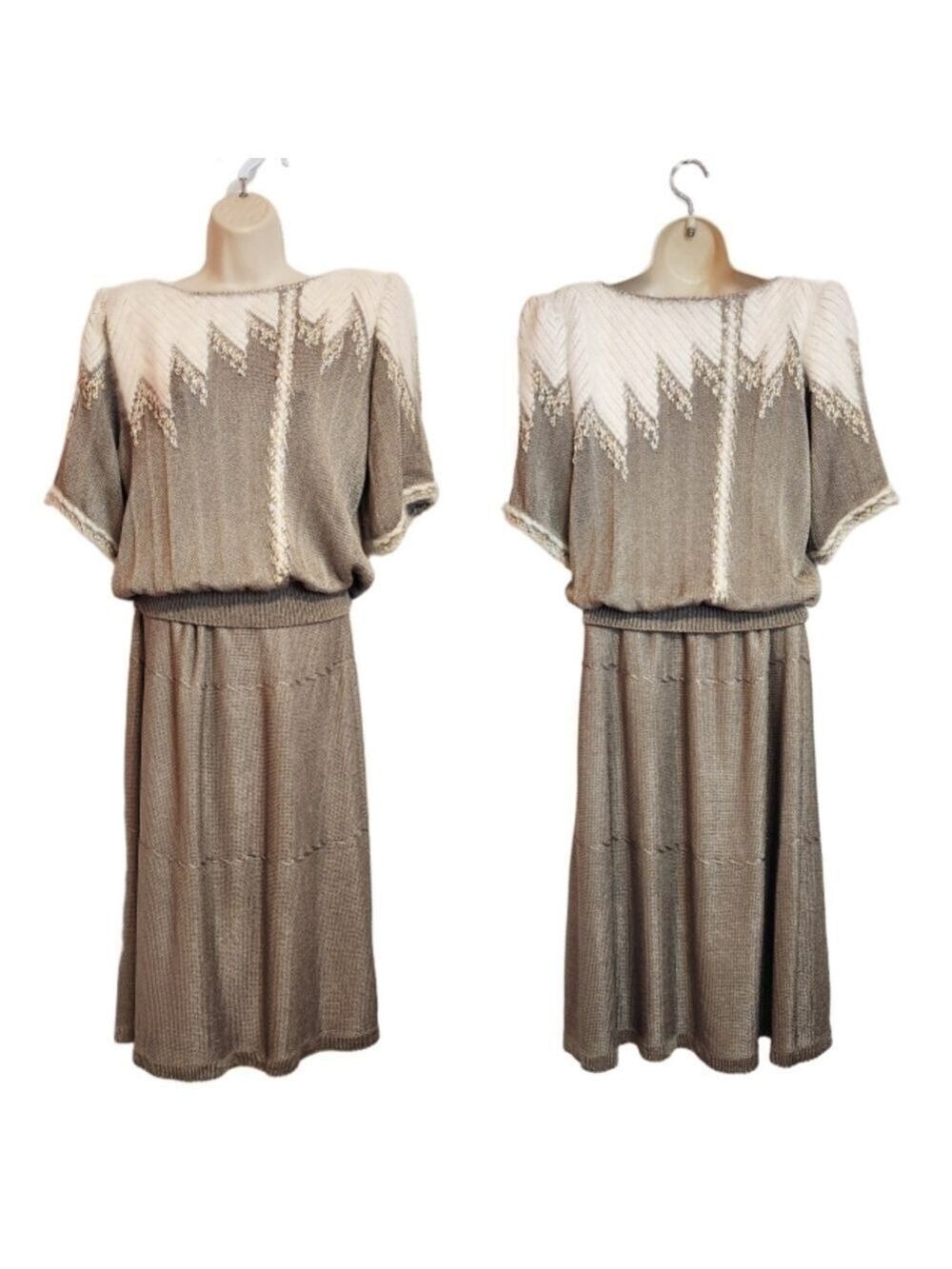 Paca Vintage Textured Knit Sweater Skirt Set Taupe White Medium